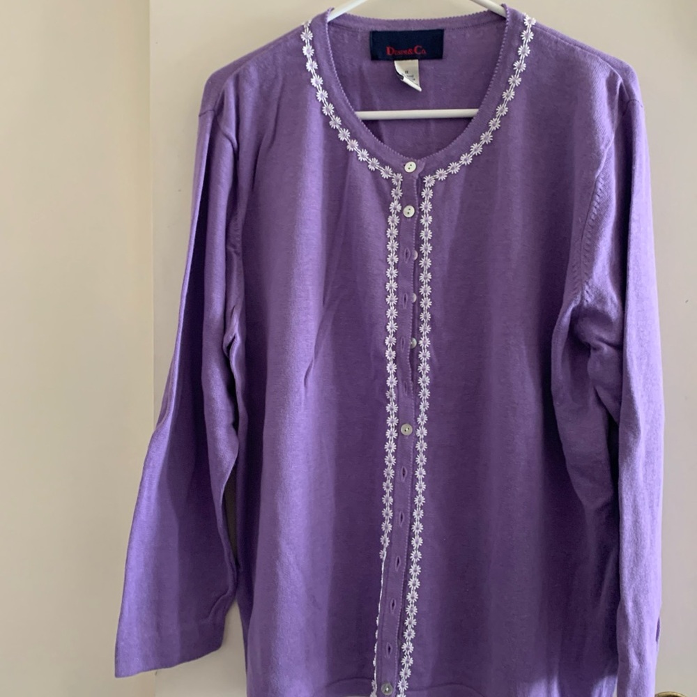 Denim&Co Purple sweater with White Lace Trim